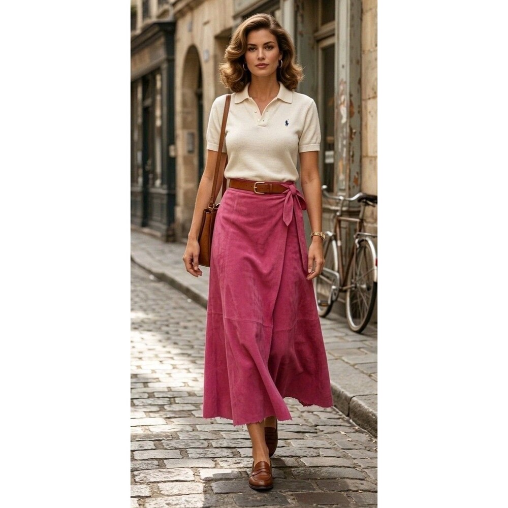 Polo Ralph LAUREN Midi Wrap Skirt Leather Pink Suede Sz 10 READ